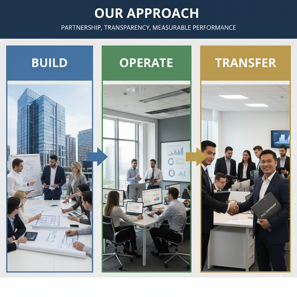 BOT framework illustrating the build, operate, and transfer stages of offshore recruitment.